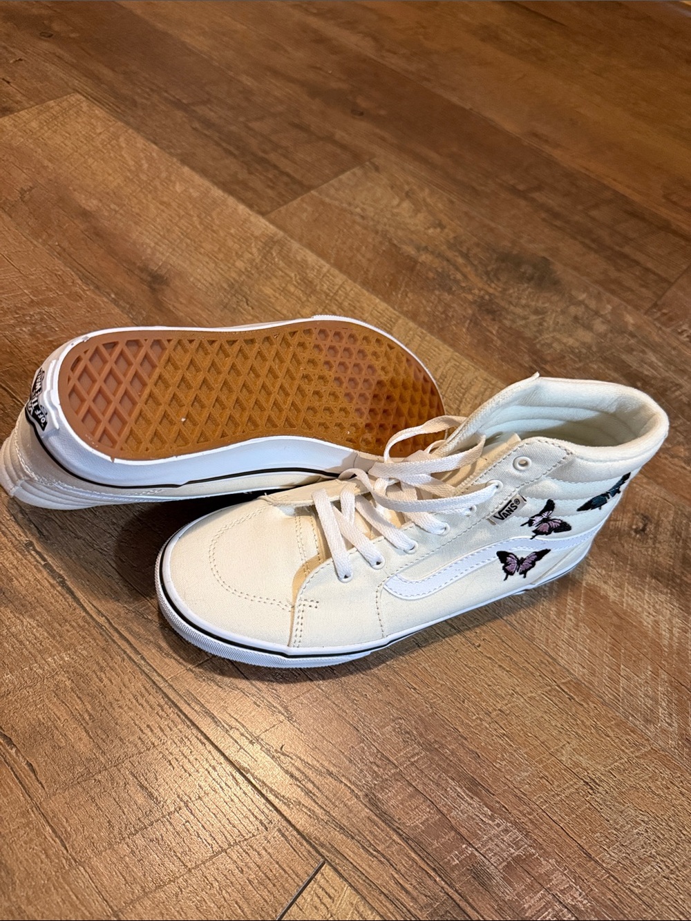 Vans White High-Top Sneakers with Purple Butterfly Accents